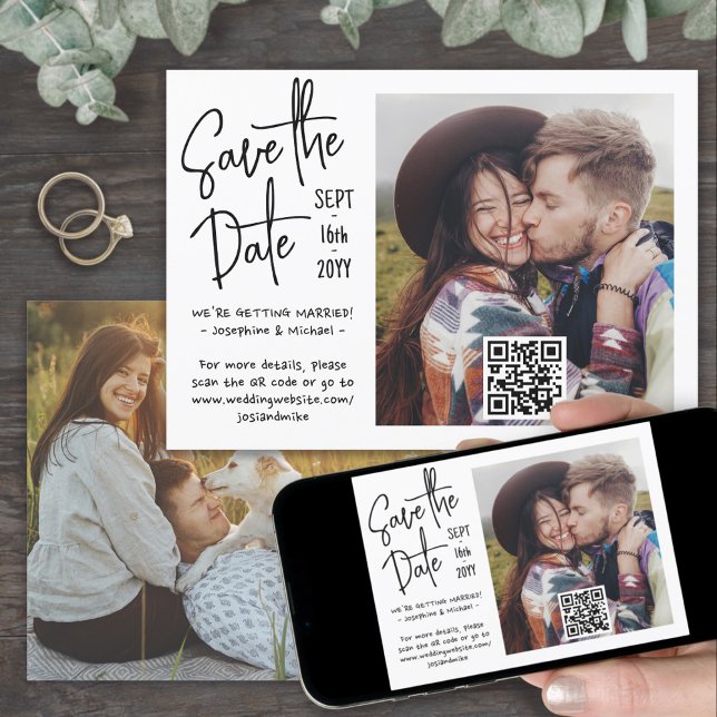 Save The Date Code QR Style Manuscrit Casual 2 Photo Mariage (Créateur téléchargé)