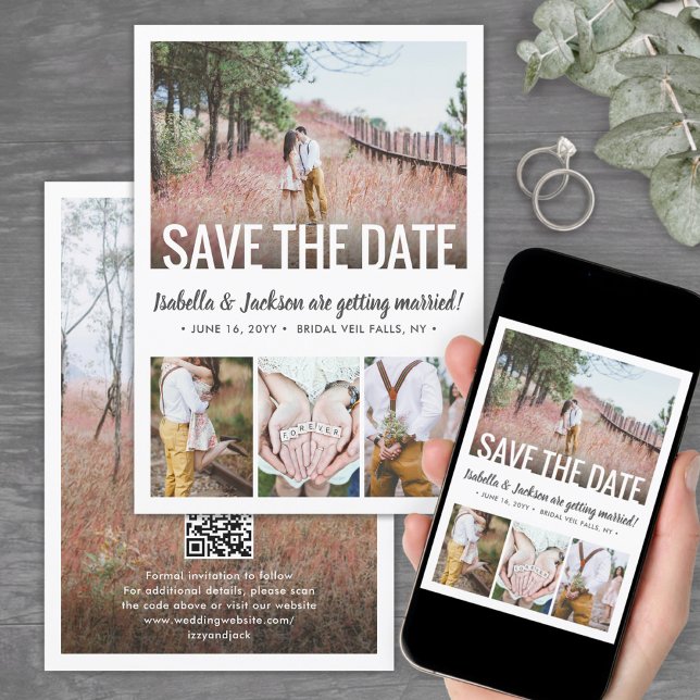 Save The Date Code QR Typographie Moderne Simple 5 Photos Mariag (Créateur téléchargé)