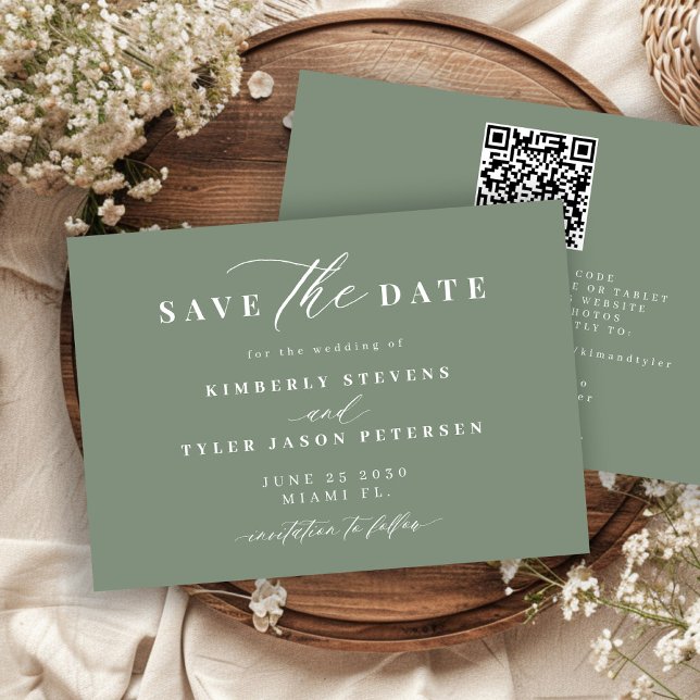 Save The Date Code QR vert sauge simple et élégant pour mariage  (Créateur téléchargé)
