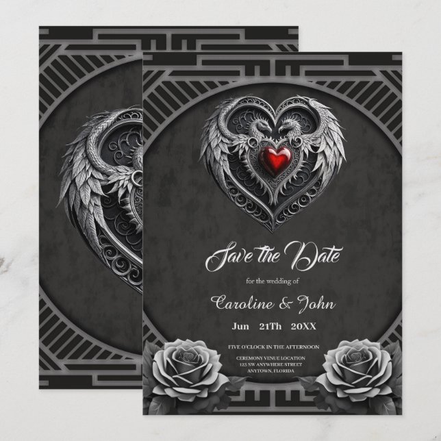 Save The Date Coeur argenté avec ailes. (Devant / Derrière)