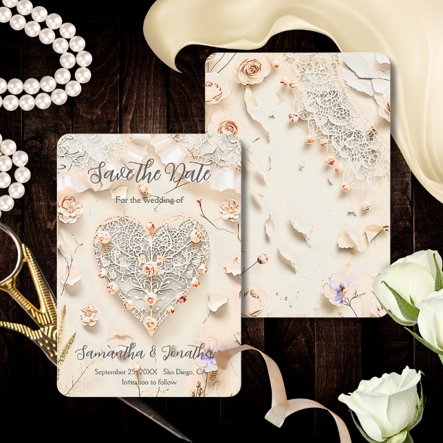 Save The Date Cœur de dentelle ivoire Floral Romantique Printemp (Créateur téléchargé)