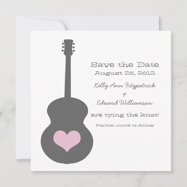 Save The Date Coeur de guitare gris/rose Enregistrer la date Inv (Devant)