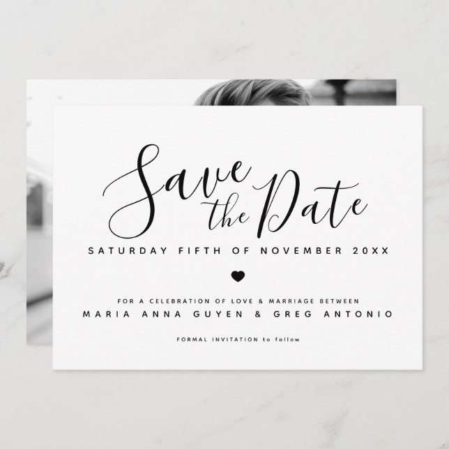 Save The Date Coeur de script simple noir sur mariage photo blan (Devant / Derrière)