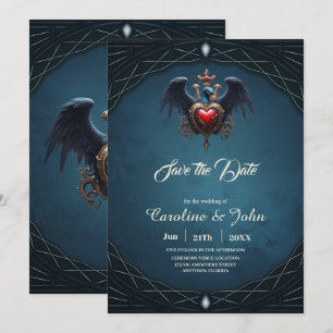 Save The Date Coeur gothique élégant avec oiseau imaginaire.