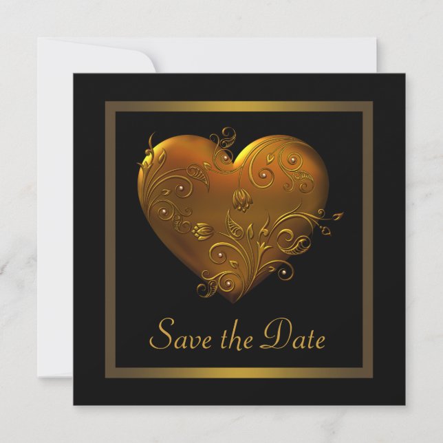 Save The Date Coeur Gothique Noir Noir Mariage En Or Enregistrer (Devant)