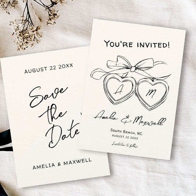 Save The Date Coeur Locket mignonne Monogramme moderne Bow Maria (Créateur téléchargé)