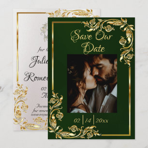 Save The Date Cœur, Photo & Cadre Doré sur Émeraude