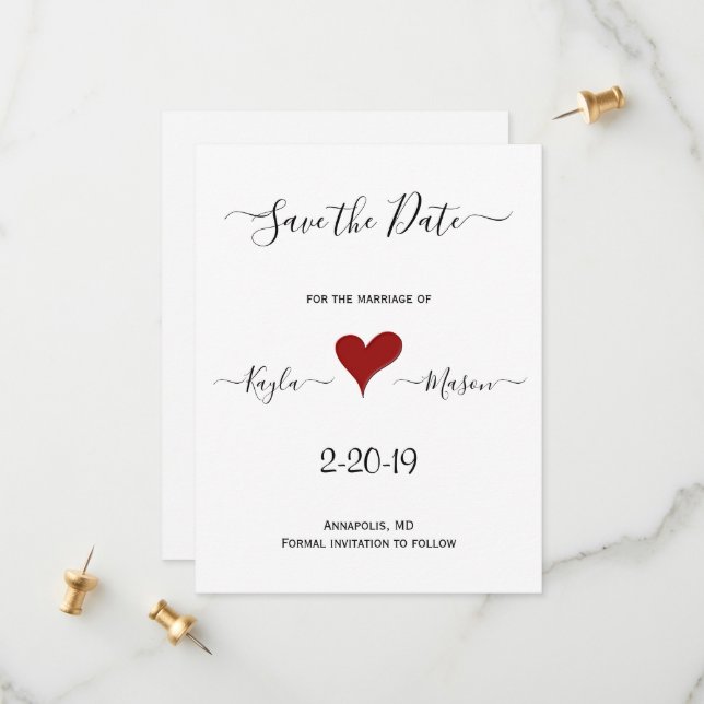 Save The Date Coeur rouge | Mariage personnalisé avec lettre à l (Devant/Arrière en situation)