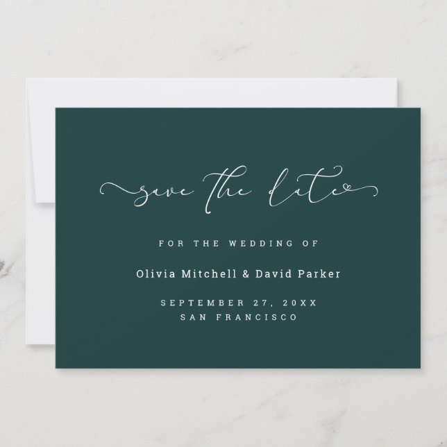 Save The Date Cœur scripté | Tél bleu-vert foncé élégant et rich (Devant)