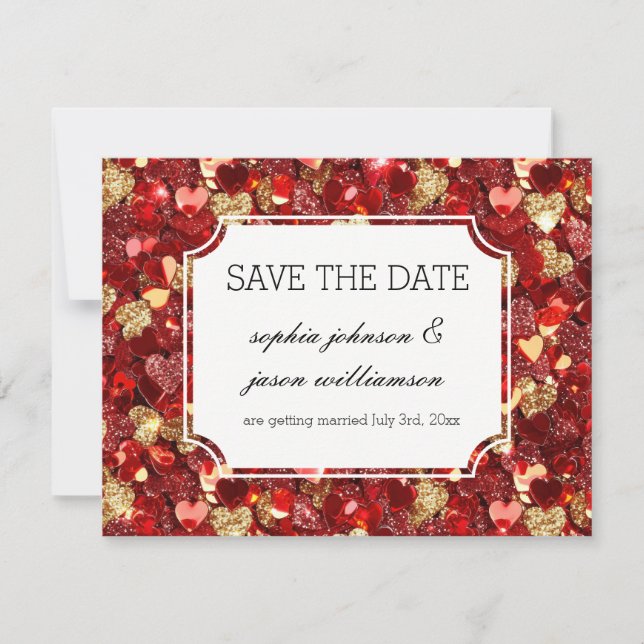 Save The Date Cœurs clinquants rouges dorés pour annoncer la dat (Devant)