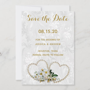 Save The Date Coeurs de perle et économies de mariage damassé de