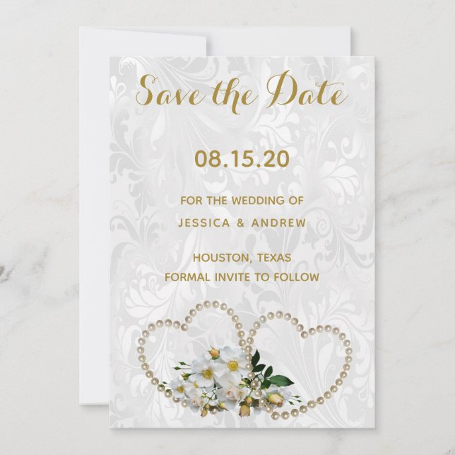 Save The Date Cœurs de perle et fleurs de mariage en damassé Sav (Devant)