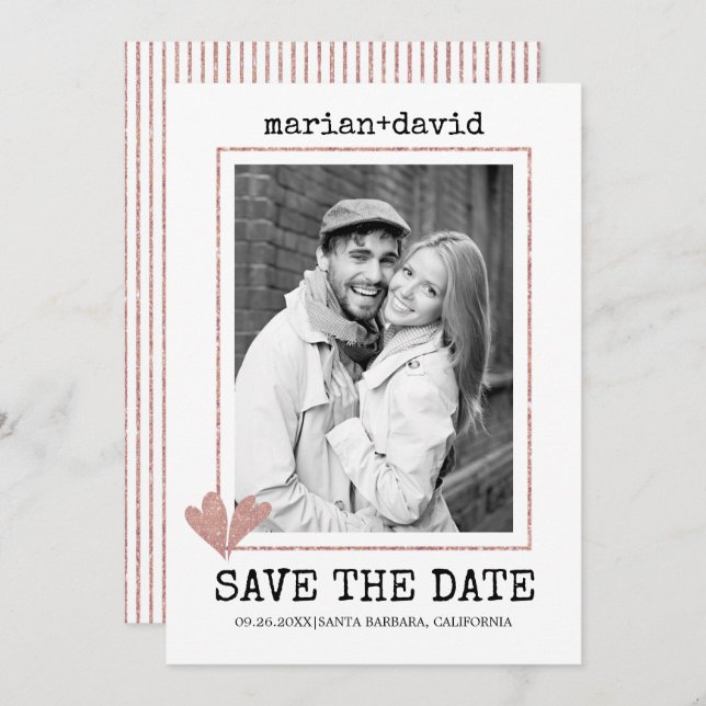 Save The Date Coeurs d'or rose machine à écrire photo mariage (Devant / Derrière)