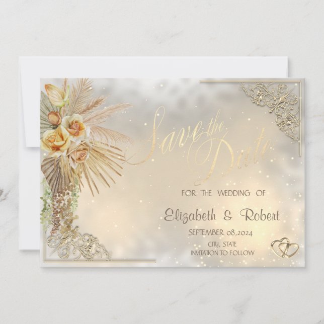 Save The Date Cœurs dorés élégants Fleurs bohèmes Enregistrez la (Devant)