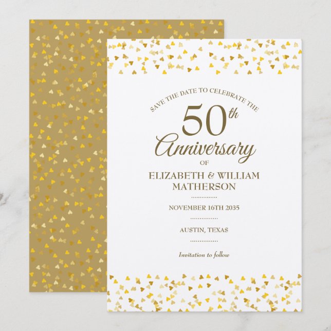 Save The Date Cœurs dorés pour 50e anniversaire de mariage rusti (Devant / Derrière)