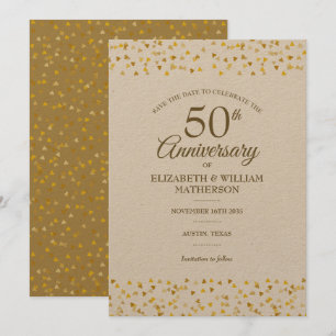 Save The Date Cœurs dorés pour 50e anniversaire de mariage rusti