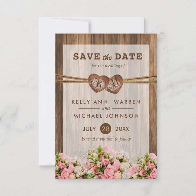 Save The Date Coeurs en bois monogramme avec roses roses roses e (Devant)