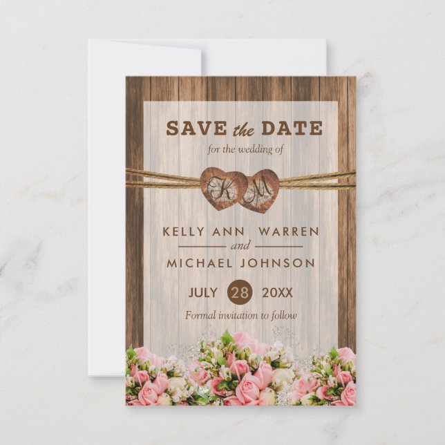 Save The Date Cœurs en bois monogrammes avec roses roses et blan (Devant)