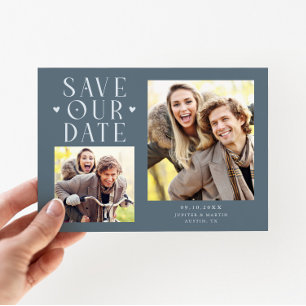 Save The Date Cœurs Mignons 2-Photo Ardoise Bleue Mariage