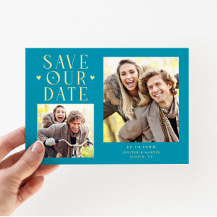 Save The Date Cœurs Mignons 2-Photos Mariage Bleu Aqua