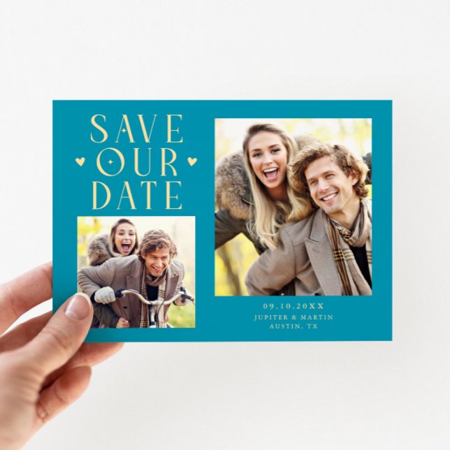 Save The Date Cœurs Mignons 2-Photos Mariage Bleu Aqua (Créateur téléchargé)