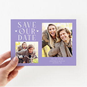Save The Date Cœurs Mignons 2-Photos Mariage Lilas