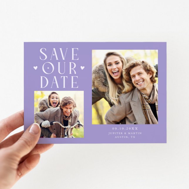 Save The Date Cœurs Mignons 2-Photos Mariage Lilas (Créateur téléchargé)