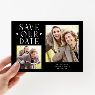 Save The Date Cœurs Mignons 2-Photos Mariage Noir