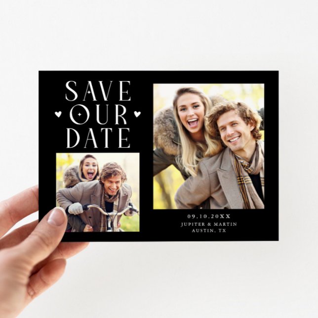 Save The Date Cœurs Mignons 2-Photos Mariage Noir (Créateur téléchargé)