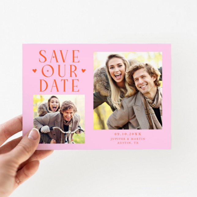 Save The Date Cœurs Mignons 2-Photos Mariage Orange Rose (Créateur téléchargé)