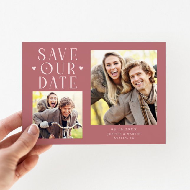 Save The Date Cœurs Mignons 2-Photos Mariage Rose (Créateur téléchargé)