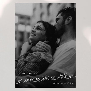 Save The Date Cœurs Rétro Photo Noir Blanc Mariage Moderne