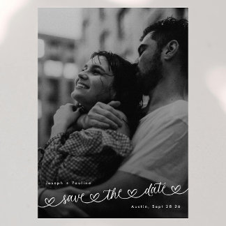 Save The Date Cœurs Rétro Photo Noir Blanc Mariage Moderne