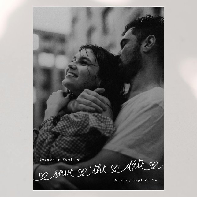 Save The Date Cœurs Rétro Photo Noir Blanc Mariage Moderne (Créateur téléchargé)