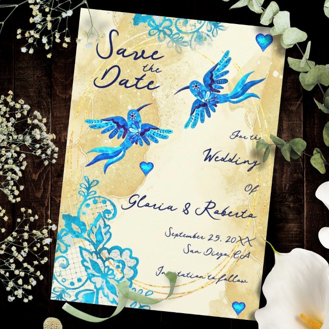 Save The Date Colibri Baroque Gold Élégance Mariage Mexicain (Mexican artistry shines in turquoise lace, gold textures, and luminous blue heart details.)
