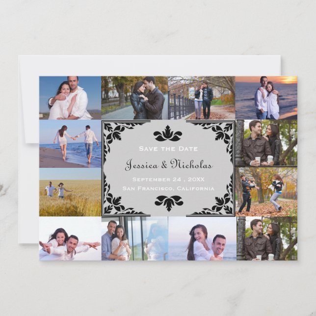 Save The Date Collage de 12 photos Chevron Gris - Enregistrer la (Devant)