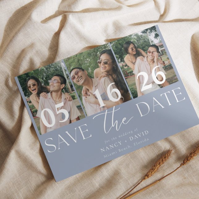 Save The Date Collage de 3 photos moderne Mariage Bleu Poussiére (Créateur téléchargé)