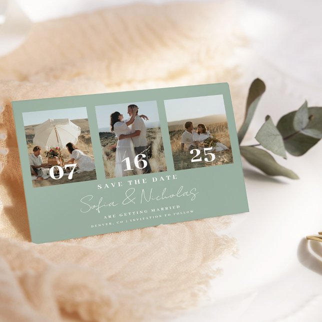 Save The Date Collage de mariage écriture moderne Vert sauge (Créateur téléchargé)