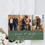 Save The Date Collage de photo Lettré à la main moderne Sage fon<br><div class="desc">Choisissez les meilleures photos de votre séance photo fiançailles ou vos photos préférées de vous deux pour cette parfaite enregistrer la date. Les mots sauvegardent la date sont écrits à la main pour donner une impression personnelle à la carte. L'avant a 3 images et l'arrière a une grande image avec...</div>