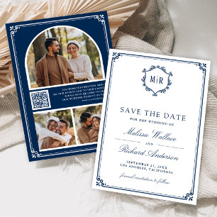 Save The Date Collage de photos avec code QR Monogramme Bleu mar