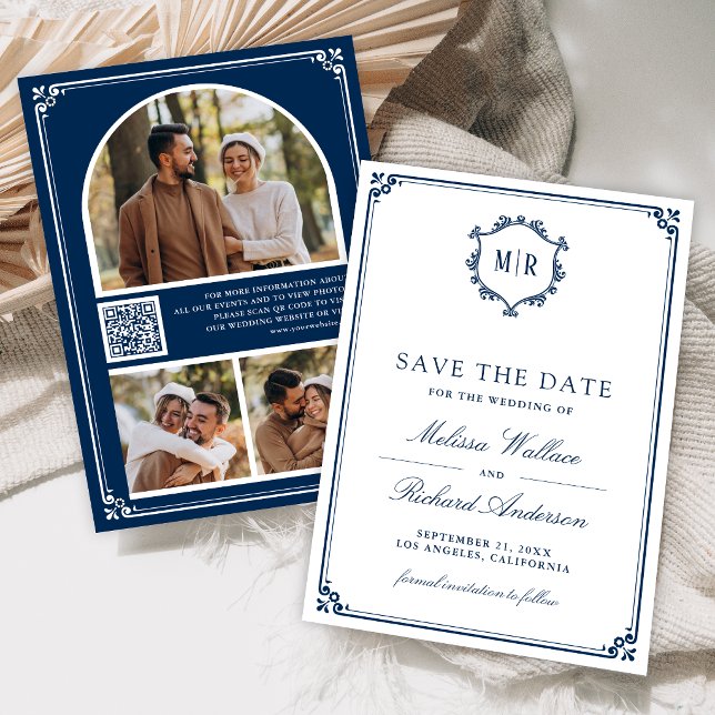 Save The Date Collage de photos avec code QR Monogramme Bleu mar (Créateur téléchargé)