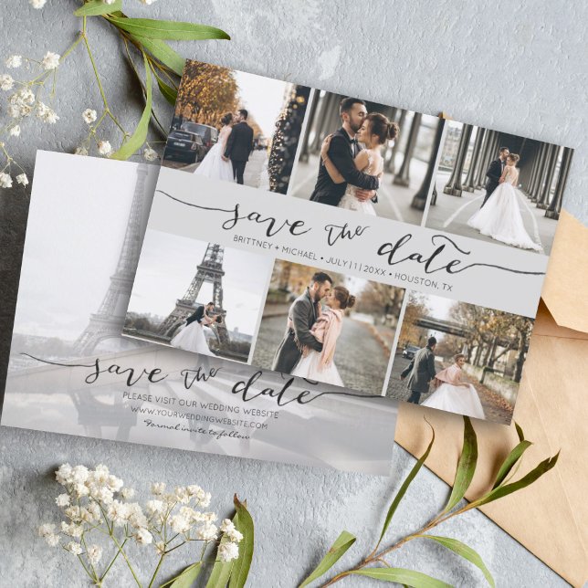 Save The Date Collage de photos avec lettres à la main Enregistr (Modern Save the Date card featuring 6 photos and a hand lettered font for a minimalistic design.)