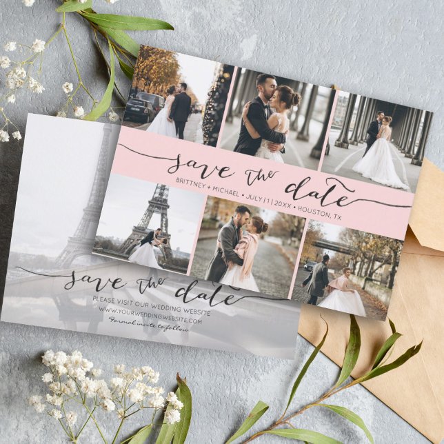 Save The Date Collage de photos avec lettres à la main Enregistr (Modern Save the Date card featuring 6 photos and a hand lettered font for a minimalistic design.)