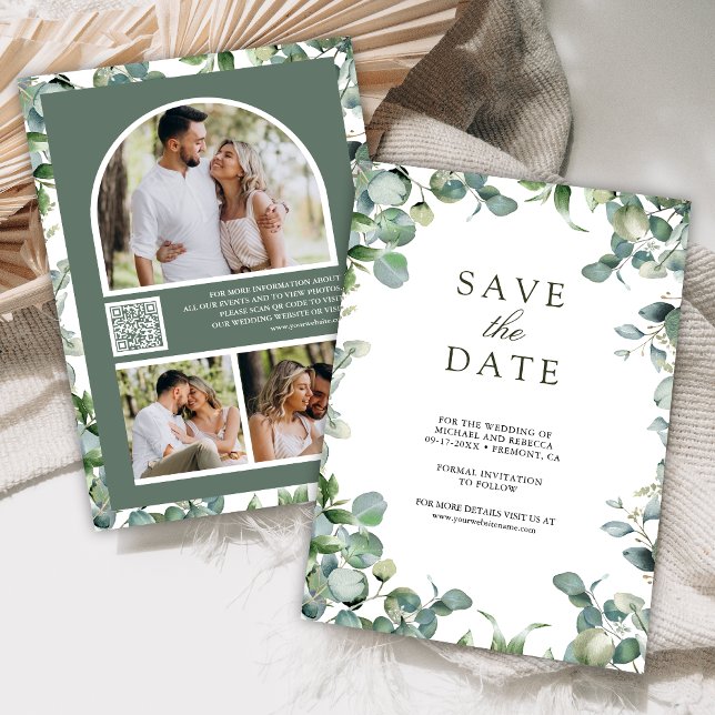 Save The Date Collage de photos de eucalyptus avec code QR pour  (Créateur téléchargé)