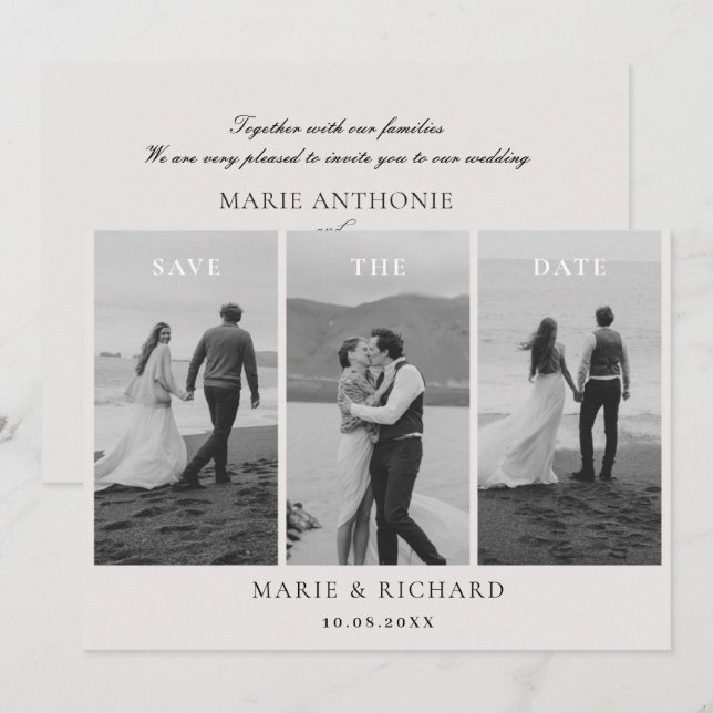 Save The Date Collage de photos de mariage noir et blanc minimal (Devant / Derrière)