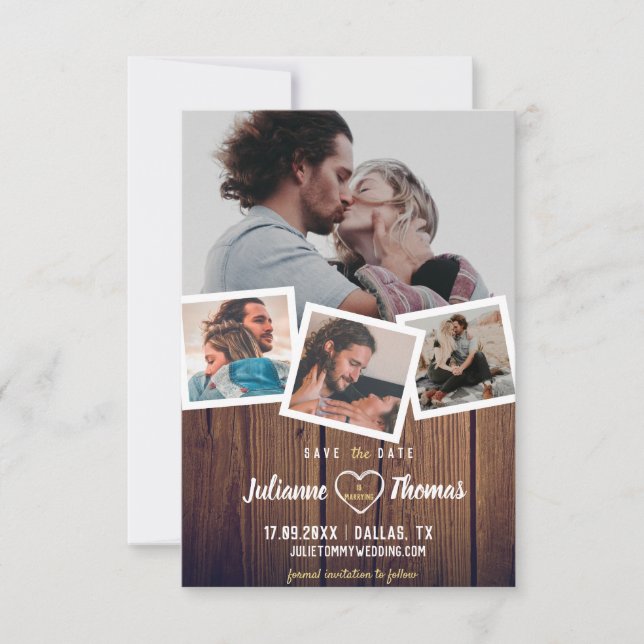 Save The Date Collage de photos en bois rustique Élégant Mariage (Devant)
