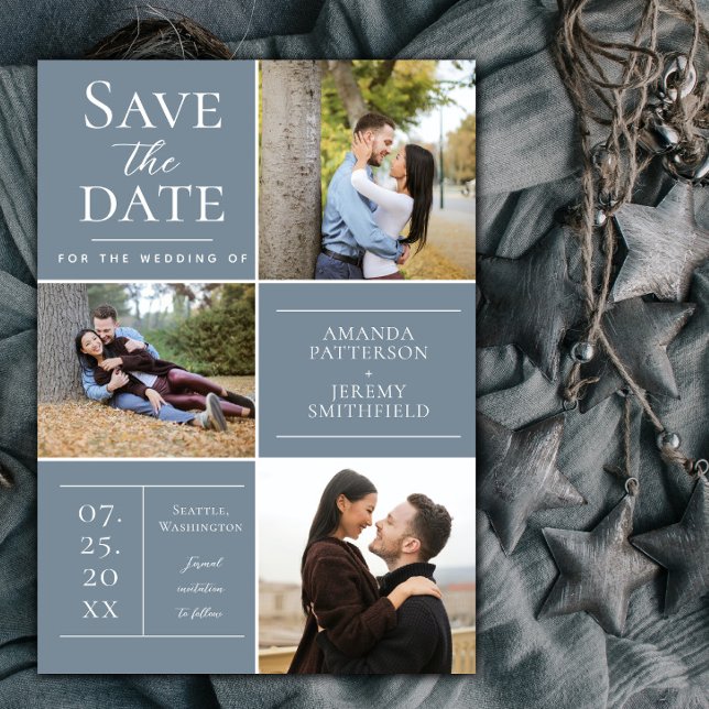 Save The Date Collage de trois photos moderne | Dusty Blue (Dusty Blue Modern Three Photo Collage Save the Date)