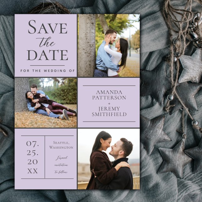 Save The Date Collage de trois photos moderne | Lavande (Lavender Modern Three Photo Collage Save the Date)