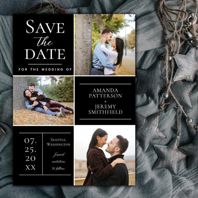 Save The Date Collage de trois photos moderne | Noir Enregistrer (Black Modern Three Photo Collage Save the Date)