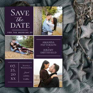 Save The Date Collage de trois photos moderne   Pourpre